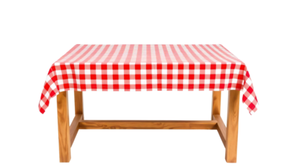 Empty wooden table with red gingham tablecloth isolated on transparent background