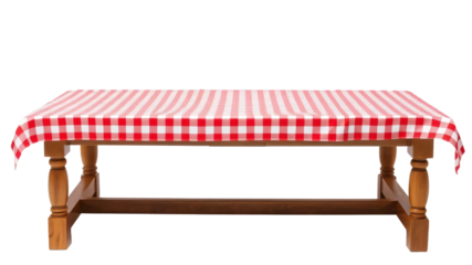 Empty wooden table with red gingham tablecloth isolated on transparent background