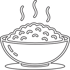 Vector illustration of a rice bowl with black editable stroke on transparent background ideal for food packaging, culinary designs, restaurant menus, Asian cuisine visuals, and healthy meal graphics