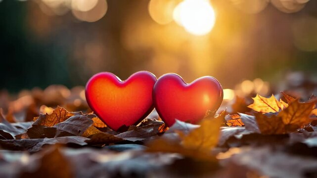 Heart shaped objects resting among autumn leaves as the sun sets in a tranquil outdoor setting, Two heart shaped objects on ground covered with leaves at sunset