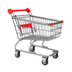 Shiny metal shopping cart with red handles isolated on transparent background