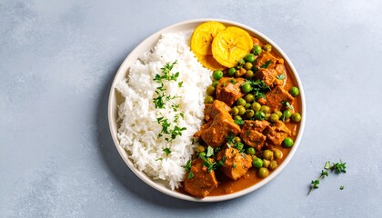 Overhead Shot of Jamaican Curry Goat Rice Peas Plantain on Round Tray