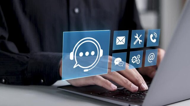 Online customer support concept. Businessman using laptop with call center icon for personal assistant service. Contact us, customer service and personal advisor. 