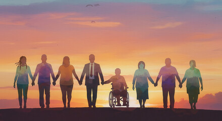 Fototapeta premium Diverse people united at sunset