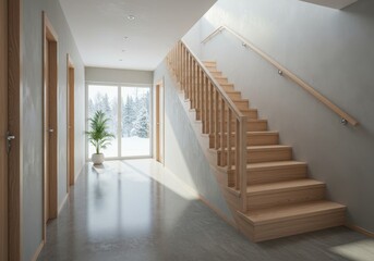 Fototapeta premium Modern wooden staircase and hallway with a view of a snowy forest through a large window