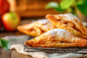 National Apple Turnover Day. Freshly baked apple turnovers on a cooling rack with powdered sugar and apples in the background for National Apple Turnover Day