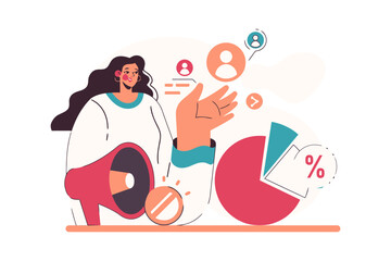 Woman marketing strategy megaphone analysis business chart data analytics communication promotion success growth vector art illustration