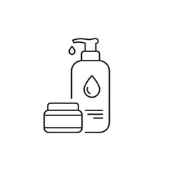 Skincare cosmetic bottles line icon with pump and cream jar for wellness design