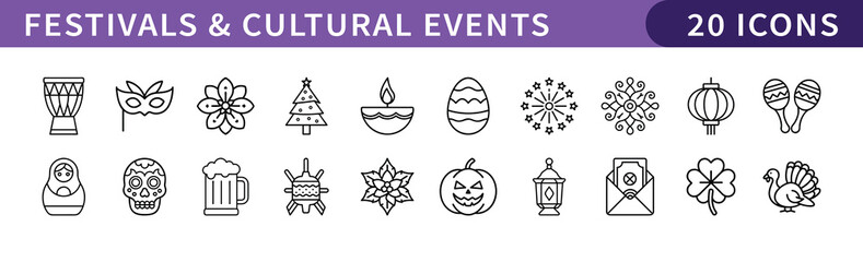 Festivals and Cultural Events Icons Set, A collection of 20 vector icons representing festivals and cultural events, such as celebrations, holidays, and traditions.
