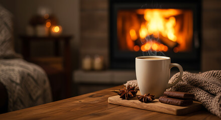 Hot Coffee on Wooden Table Near Campfire