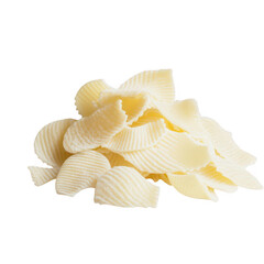 Pile of textured yellow pasta shells isolated on transparent background