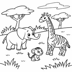 Elephant, Giraffe, and Zebra a baby elephant, a small giraffe, and a zebra standing side by side smiling, in a savannah setting