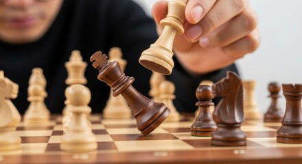 A pivotal moment in a chess game: a hand captures the opponent's king. Symbolizes strategy, victory, and intellectual challenge.