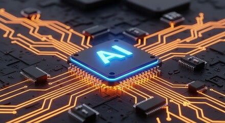Close-up of an illuminated AI processor on a dark electronic board, representing artificial intelligence, data processing, and innovation in computing.