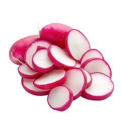 Freshly sliced radishes with vibrant pink and white cross sections isolated on transparent background