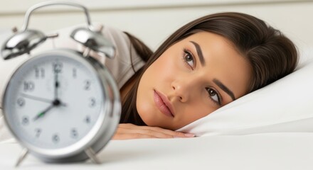 Close-up of a thoughtful young woman resting on a white pillow next to an alarm clock. This image evokes themes of waking up, sleep, time, and morning contemplation.