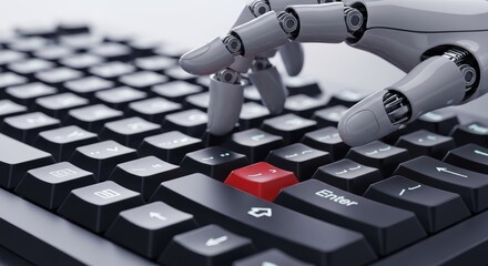 Futuristic chrome robot hand interacts with a keyboard featuring vibrant, defined keys, symbolizing artificial intelligence, technological progress, and digital innovation.