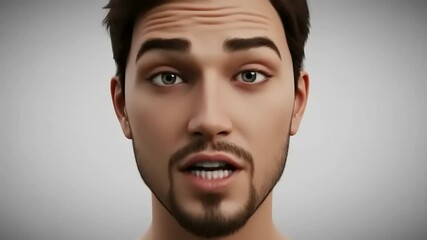 Realistic 3D animated male character with detailed facial features, neutral expression, and soft background - Powered by Adobe