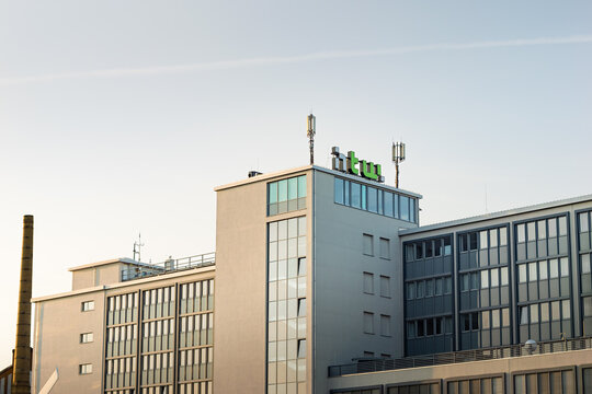 BERLIN, GERMANY - 11. July 2023: HTW Berlin building exterior with the logo sign on the rooftop. University of Applied Sciences for Engineering and Economics view from the Spree river.