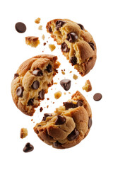 Delicious chocolate chip cookies breaking apart with chocolate chips and crumbs isolated on transparent background