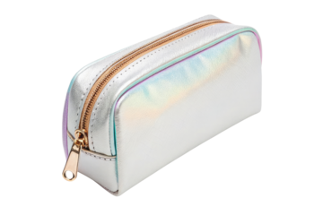 Holographic cosmetic bag with gold zipper isolated on transparent background