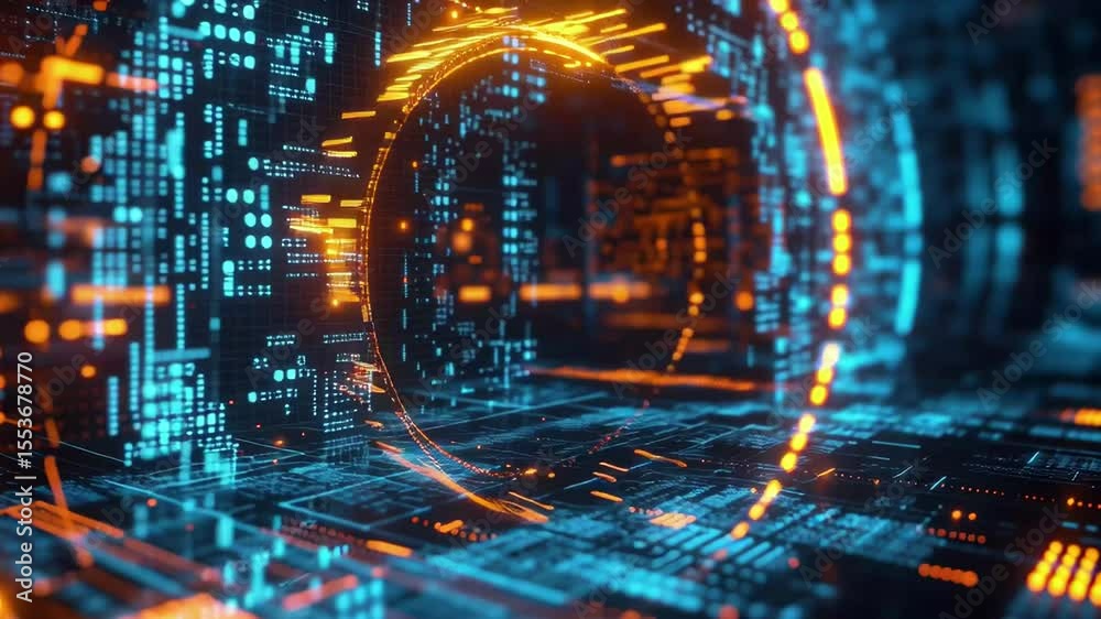 Poster futuristic digital landscape featuring bitcoin symbol with glowing codes and blocks, bitcoin symbol 