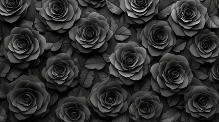 Dark grayscale rose design with leaves.