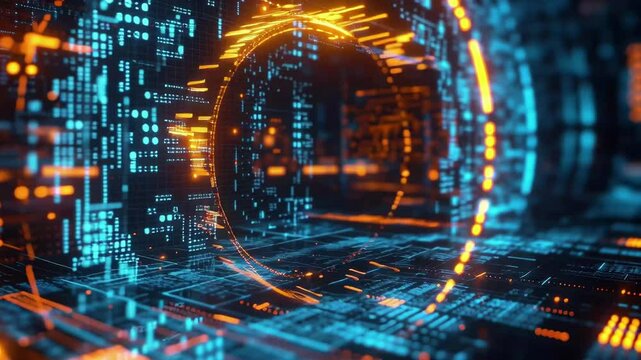 Futuristic digital landscape featuring Bitcoin symbol with glowing codes and blocks, Bitcoin symbol of computer code Futuristic blockchain technology design