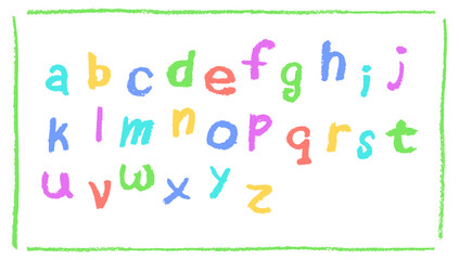 Colorful English alphabet hand-drawn in a crayon. Lowercase color letters in chalk, pastel, or wax style. Highlighter effect on white board for kindergarten drawing and learning. Vector illustration