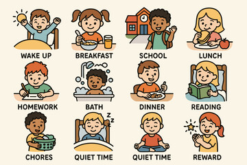Daily routine cartoon icons for kids
