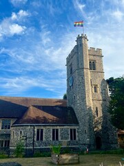 Rainbow flag on the parish church of Saint Peter and Saint Paul in Bromley