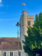 Rainbow flag on the parish church of Saint Peter and Saint Paul in Bromley