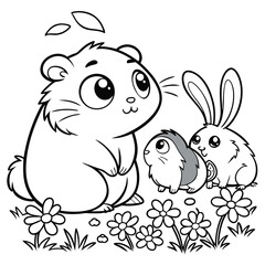 Hamster, Rabbit, and Guinea Pig ັ chubby hamster, a fluffy bunny, and a guinea pig sitting close together, surrounded by tiny flowers