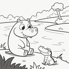 Hippo and Crocodile (Baby Versions) a baby hippo and a baby crocodile sitting by the riverbank, smiling together