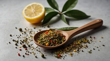 A Beautiful Wooden Spoon Overflowing with Colorful Spices on a Bright White Surface