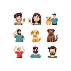 Naklejka premium Cartoon sticker set featuring diverse people and dogs in various poses and expressions, set against a clean black background for easy use