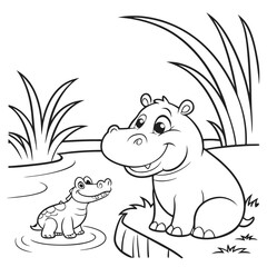 Hippo and Crocodile (Baby Versions) a baby hippo and a baby crocodile sitting by the riverbank, smiling together