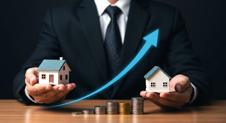 Man holding miniature houses with rising arrow and coins representing property investment growth