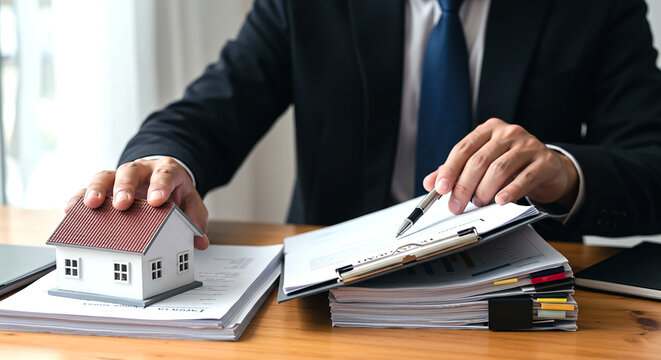 Man in suit with house model and documents on desk reviewing real estate paperwork for new home purchase