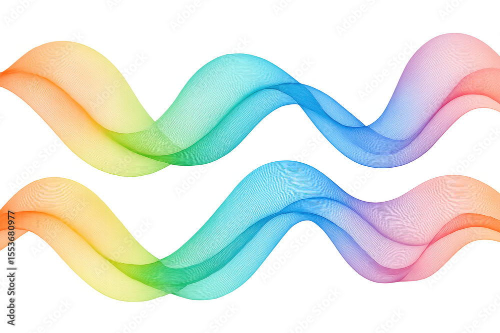 Poster two smooth gradient waves flowing horizontally on a transparent background, creating a colorful and 