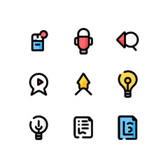 Creative icons illustrating planning, idea generation, and content creation processes in a modern vector design for digital media and business strategies