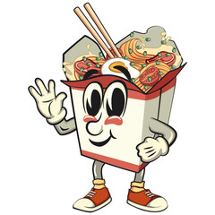 cute chinese noodles box mascot cartoon vector wave hands, kawaii ramen takeout character with chopsticks, isolated food illustration asian cuisine design, work of hand drawn