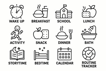 Daily routine icons: wake up, breakfast, school, lunch, activity, snack, dinner, bath, storytime, bedtime, calendar, routine tracker