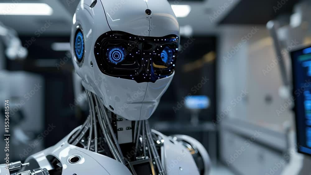 Poster humanoid robot interacting with advanced monitor system in futuristic laboratory setting, robot with