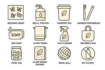 Zero waste icons: eco-friendly products and tools for sustainable living