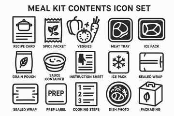 Meal kit icons: recipe, spice, veggies, meat, packaging elements