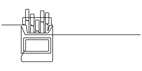 cigarette pack icon continuous one line drawing, continuous line vector illustration of a pack of filter cigarettes, A carton of cigarettes with a warning label, Cigarettes pro concept. 