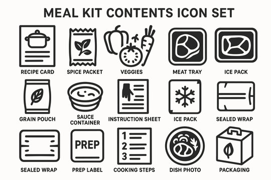 Meal kit icons: recipe, spice, veggies, meat, packaging elements
