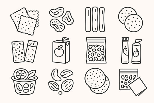 Line art snack icons: crackers, nuts, yogurt, juice, chips, granola bars