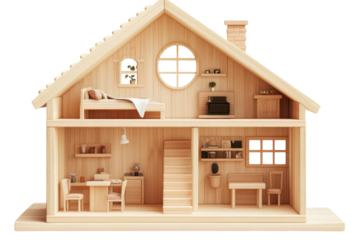 Wooden Dollhouse Architecture Miniature Two Story Home with Furniture Windows and Stairs on transparent background